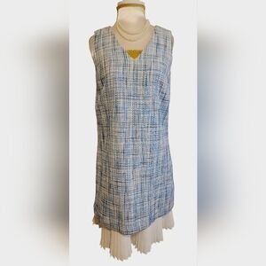 CeCe V-Neckline Sleeveless Blue and White Tweed Design Pleated Hem Shift Dress